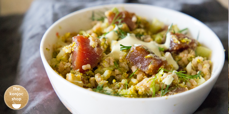 Arroz de atún marinado en soja con brócoli, eneldo y mostaza – 300kcal