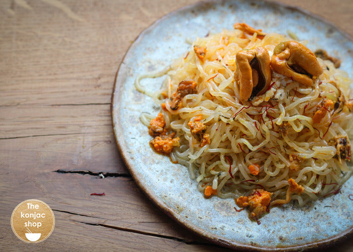 Fideos de tomate con escabeche de mejillón y azafrán – 180kcal