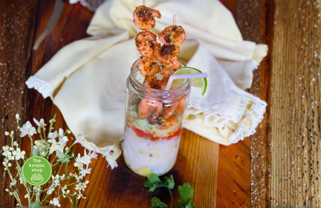 Jarra de gambas picantes con tallarines konjac
