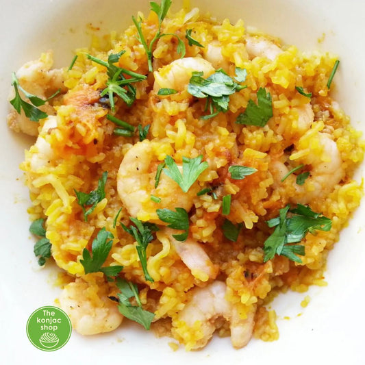 🎃🍤 Rissotto de calabaza con arroz konjac y parmesano – 290kcal