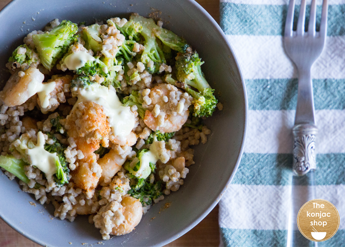 Cuscús a la mostaza con gambas jumbo y brócoli – 225kcal