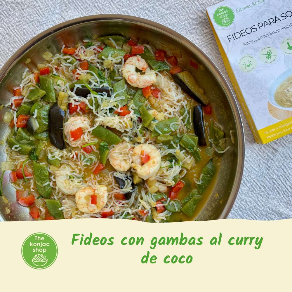 Fideos acon gambas al curry con fideos cortos de konjac